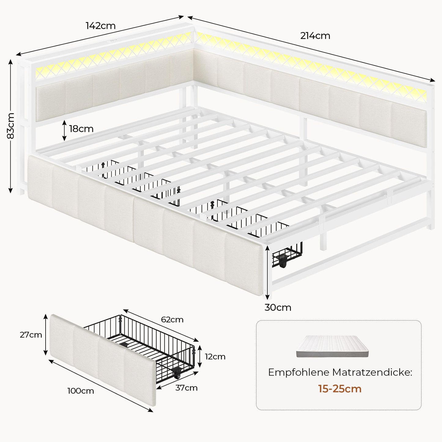 AOGLLATI Polsterbett Schlafsofa 140x200 mit USB-Steckdosen und LED-Beleuchtung Jugendbett 2 Schubladen