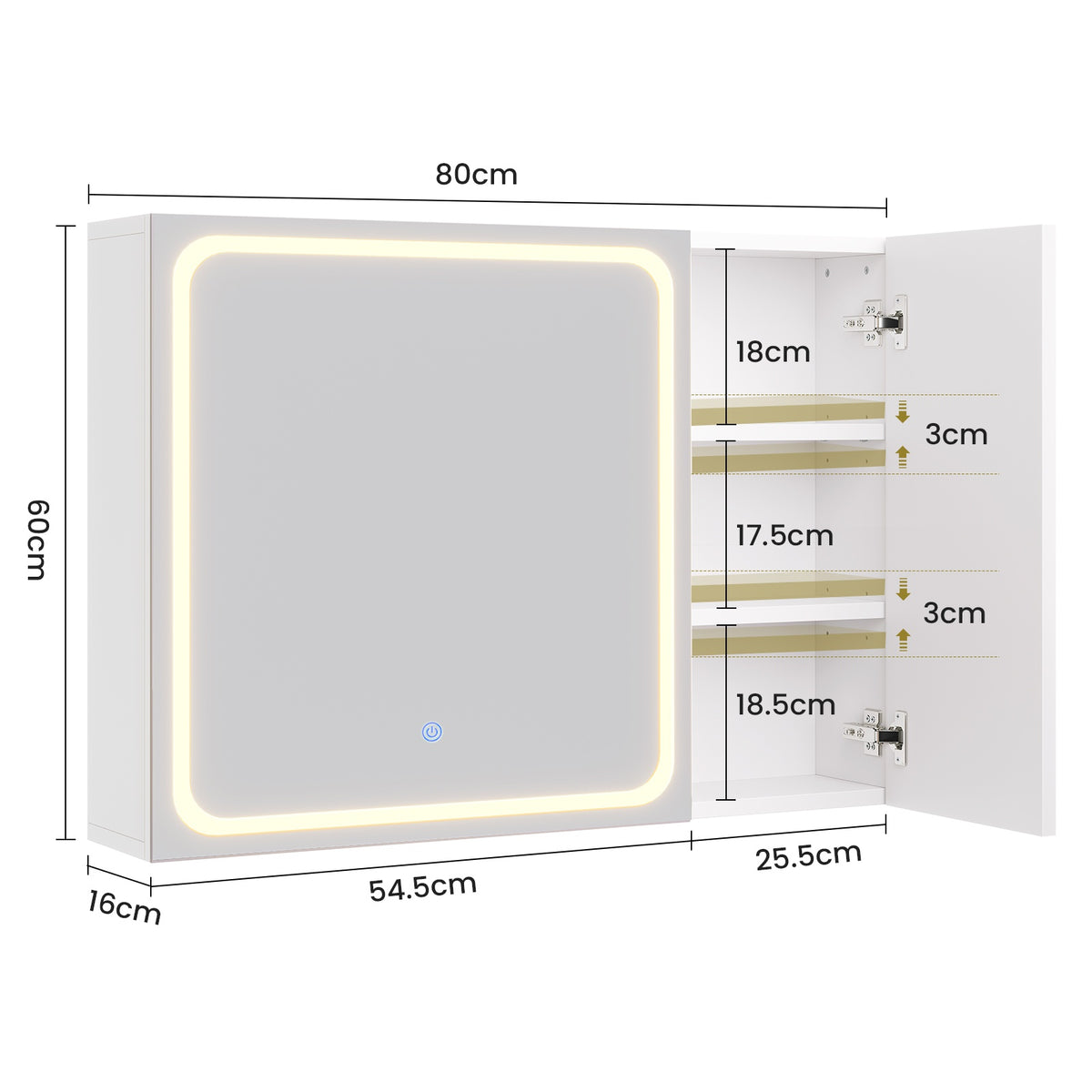 AOGLLATI Spiegelschrank Bad 80 cm breit mit LED-Beleuchtung Badezimmer spiegelschrank mit Verstellbarer Ablage HD-Spiegel