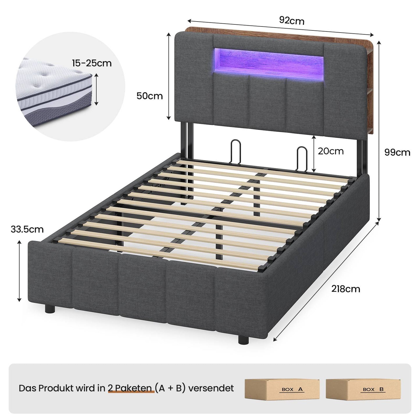 AOGLLATI Bett 90x200 mit Hydraulisch Stauraum mit LED-Beleuchtung mit Stauraum Kopfteil Samtstoff