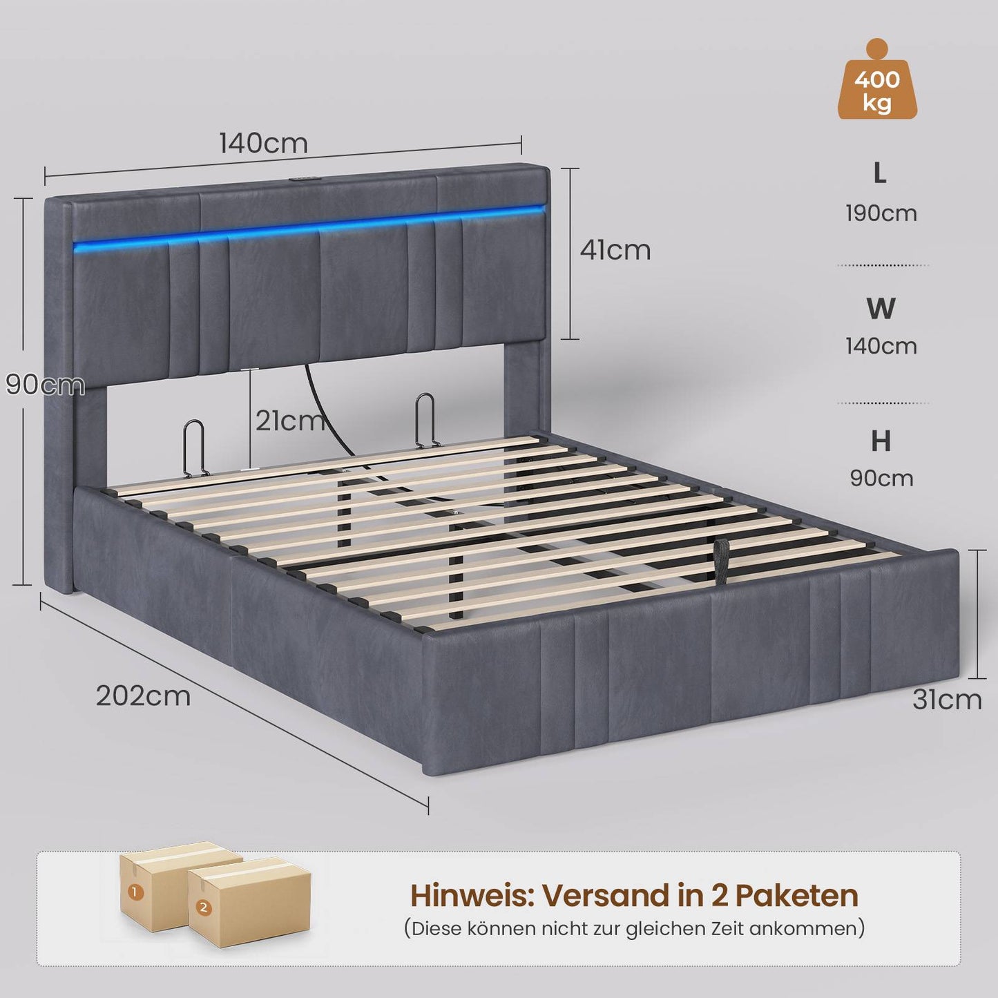 AOGLLATI Polsterbett 140×200 mit Stauraum mit Steckdosen und LED-Beleuchtung 30cm Hydraulischer Stauraum Bettgestell mit Lattenrost aus Holz Edler Samtstoff