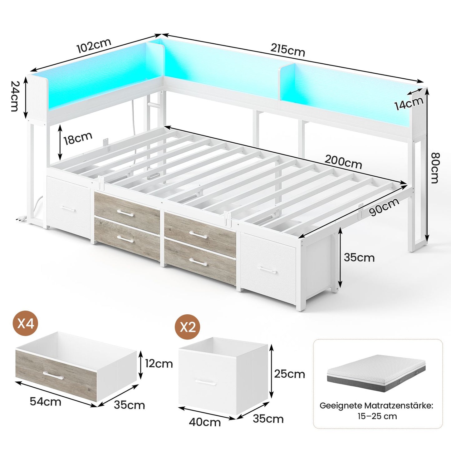 AOGLLATI Schlafsofa 90x200 Jugendbett mit Integriertem Bücherregal & 6 Schubladen Bett mit Stauraum & LED-Beleuchtung