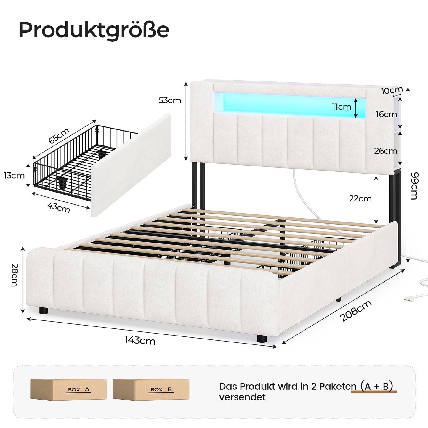 AOGLLATI Bett 140x200 mit 4 Schubladen Polsterbett 140x200 mit Steckdosen Doppelbett mit LED-Beleuchtung mit Multifunktionales Kopfteil