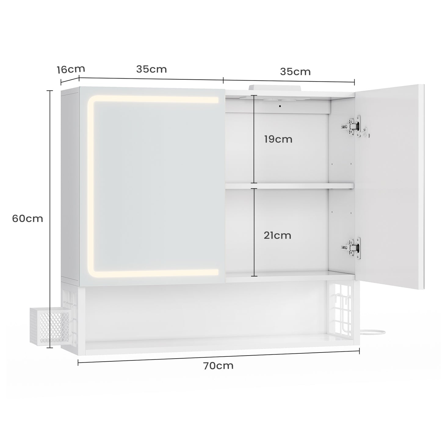 AOGLLATI Spiegelschrank Bad mit LED-Beleuchtung & Steckdose 70x16x60cm Badezimmer spiegelschrank mit Verstellbarer Ablage HD-Spiegel