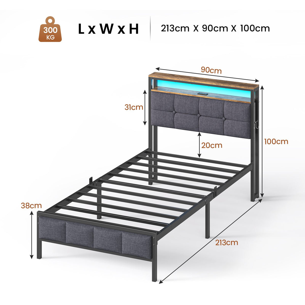 AOGLLATI Polsterbett 90×200 mit Ladestation Bett 90×200 mit LED-Beleuchtung Bettgestell mit Lattenrost
