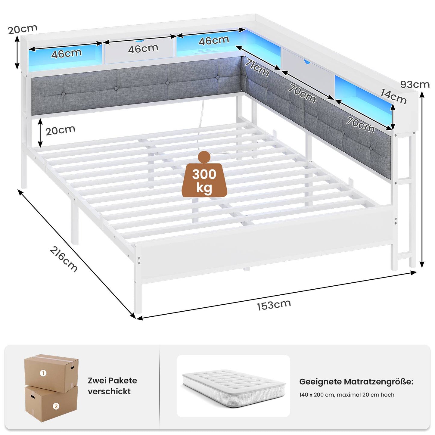 AOGLLATI Polsterbett Schlafsofa 140x200 mit 6 Staufächern mit LED-Beleuchtung Tagesbett mit Steckdosen Gästebett Bettgestell mit Lattenrost aus Metall