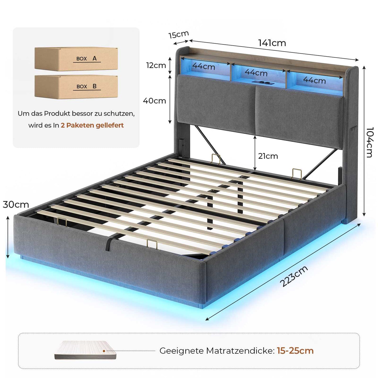 AOGLLATI Hydraulisches Stauraumbett mit LED Beleuchtung und Steckdosen mit Stauraum Kopfteil mit HolzLattenrost & USB-Ladefunktion