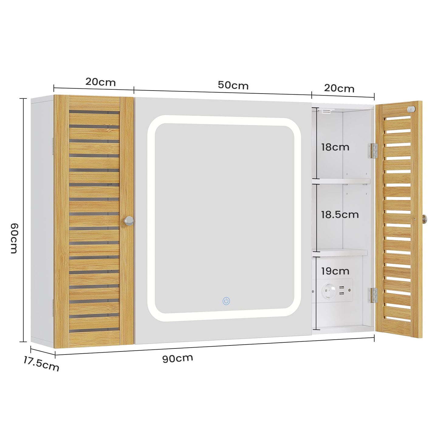 AOGLLATI Badezimmer Spiegelschrank mit LED-Beleuchtung & Steckdose Badezimmerschrank mit 2 Bambustür HD-Spiegel Verstellbarer Ablage