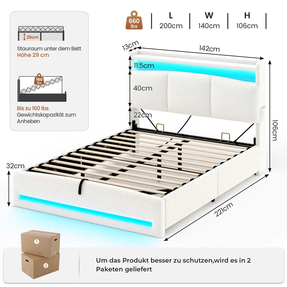 AOGLLATI Polsterbett 140×200 mit Steckdosen und LED-Beleuchtung Doppelbett mit Stauraum Kopfteil und Hydraulische Metallrahmen