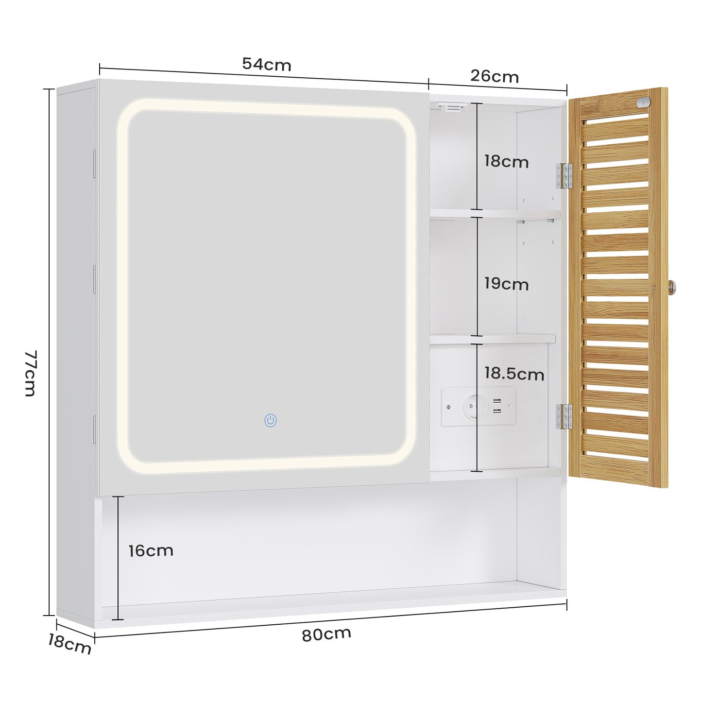 AOGLLATI Spiegelschrank Bad mit LED-Beleuchtung und Steckdose 80 cm Breit Badezimmerschrank mit HD-Spiegel Verstellbarer Ablage