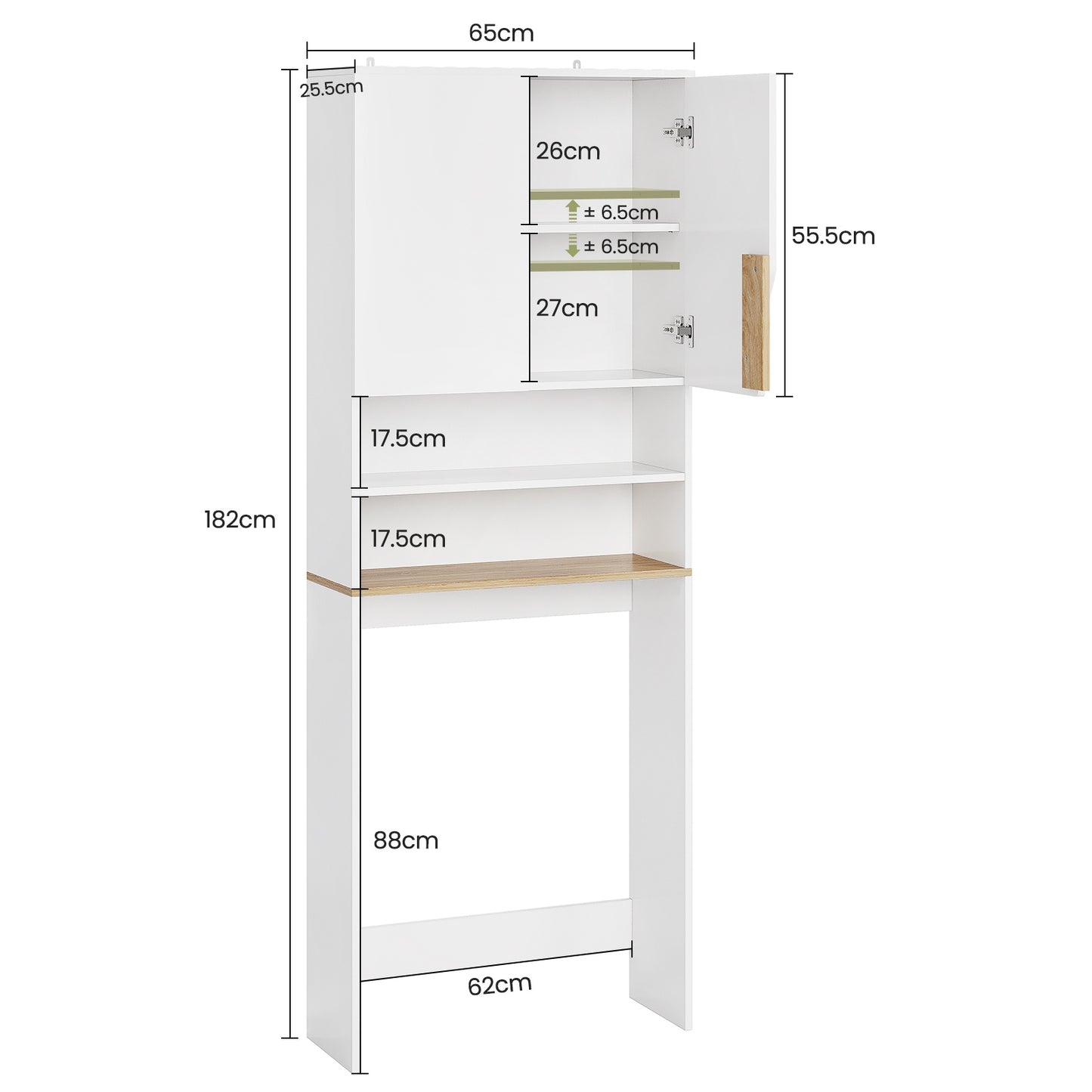 AOGLLATI Waschmaschinenschrank mit 2 Türen 182x65x25.5 cm Bad Hochschrank mit 2 offene Fächer Verstellbare Ablagen