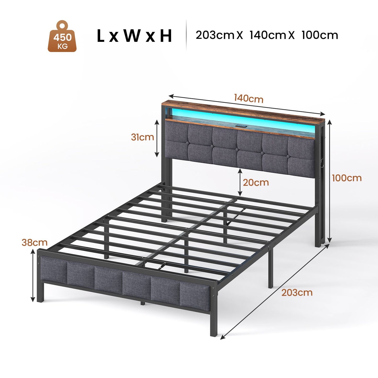 AOGLLATI Polsterbett 140×190 mit Ladestation mit LED-Beleuchtung Bettgestell mit Lattenrost Metallbett mit Kopfteil aus Leinenstoff