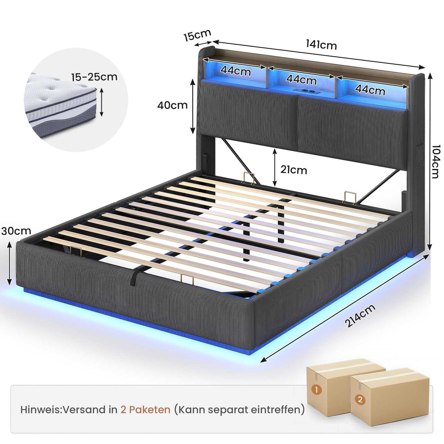 AOGLLATI Hydraulisches Stauraumbett mit LED Beleuchtung und Steckdosen mit Stauraum Kopfteil mit HolzLattenrost & USB-Ladefunktion