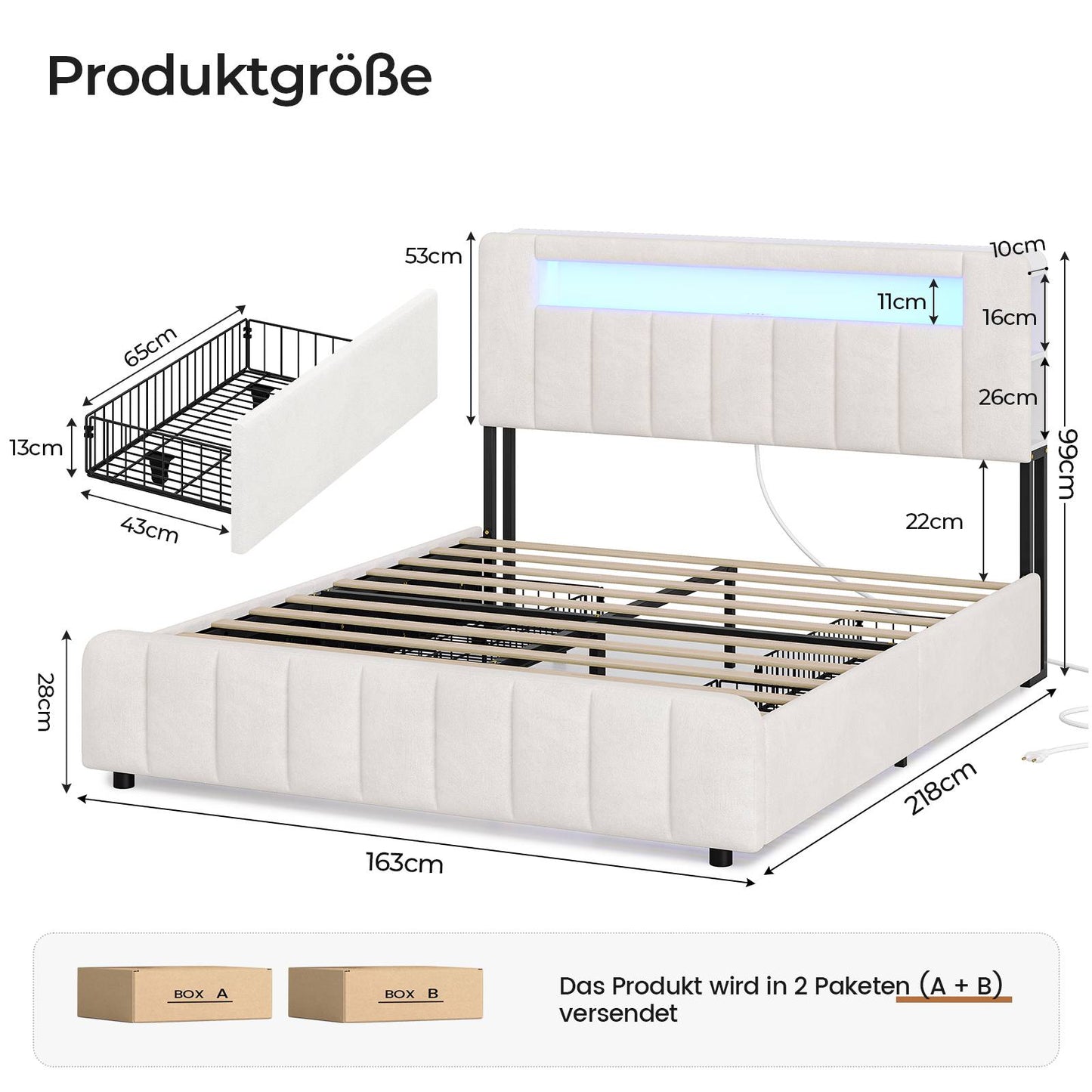 AOGLLATI Bett 160x200 mit 4 Schubladen mit Stauraum mit Steckdosen & LED-Beleuchtung mit Multifunktionales Kopfteil