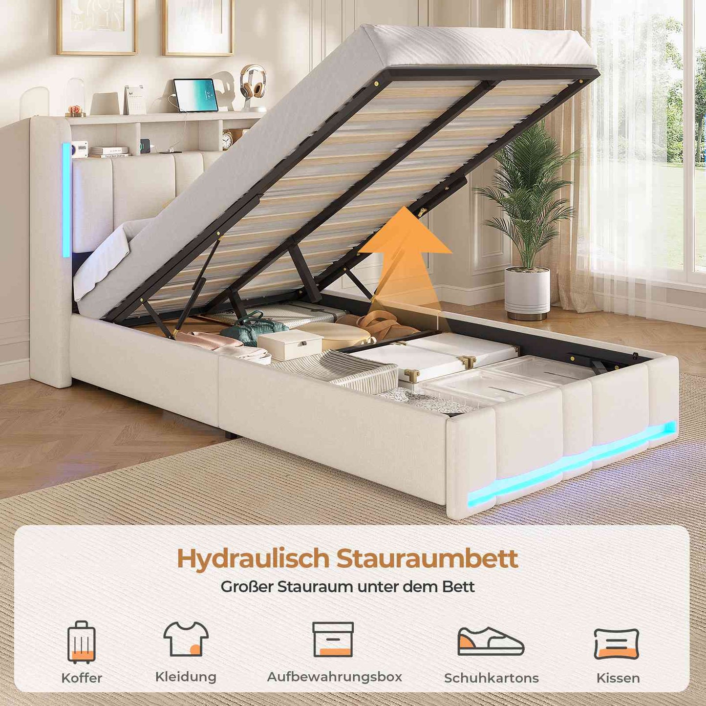 AOGLLATI Polsterbett 90×200 mit Steckdosen & LED Beleuchtung Doppelbett 90x200 mit Stauraum Kopfteil