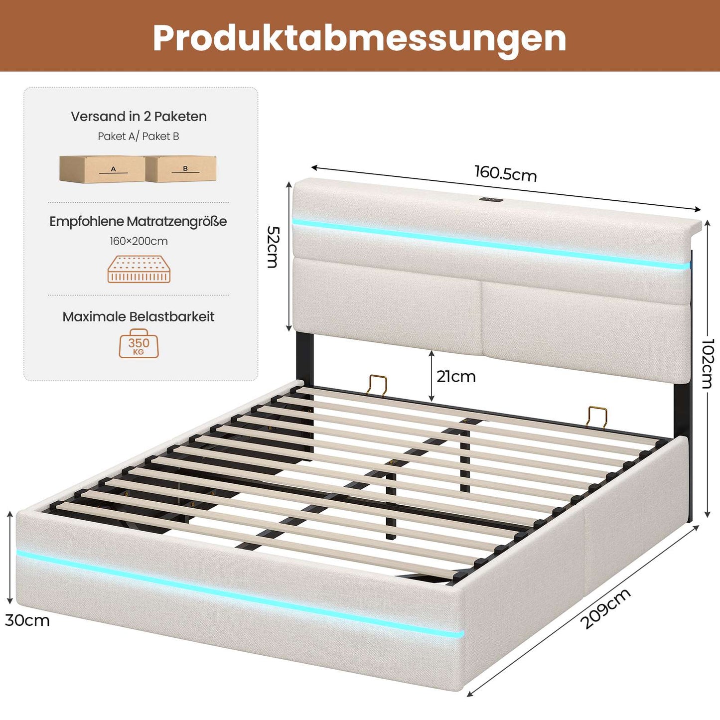 AOGLLATI Bett 160x200 mit Hydraulischem Stauraum Polsterbett mit LED-Kopfteil & Ladestation Jugendbett mit Lattenrost für 160x200 Matratze