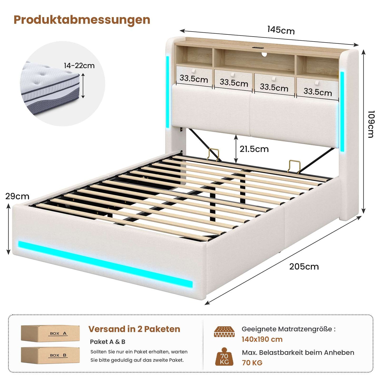 AOGLLATI Bett 140x190 mit LED-Beleuchtung 4 Stoffschubladen & Hydraulik Polsterbett mit Ladestation Stauraum Kopfteil Lattenrost