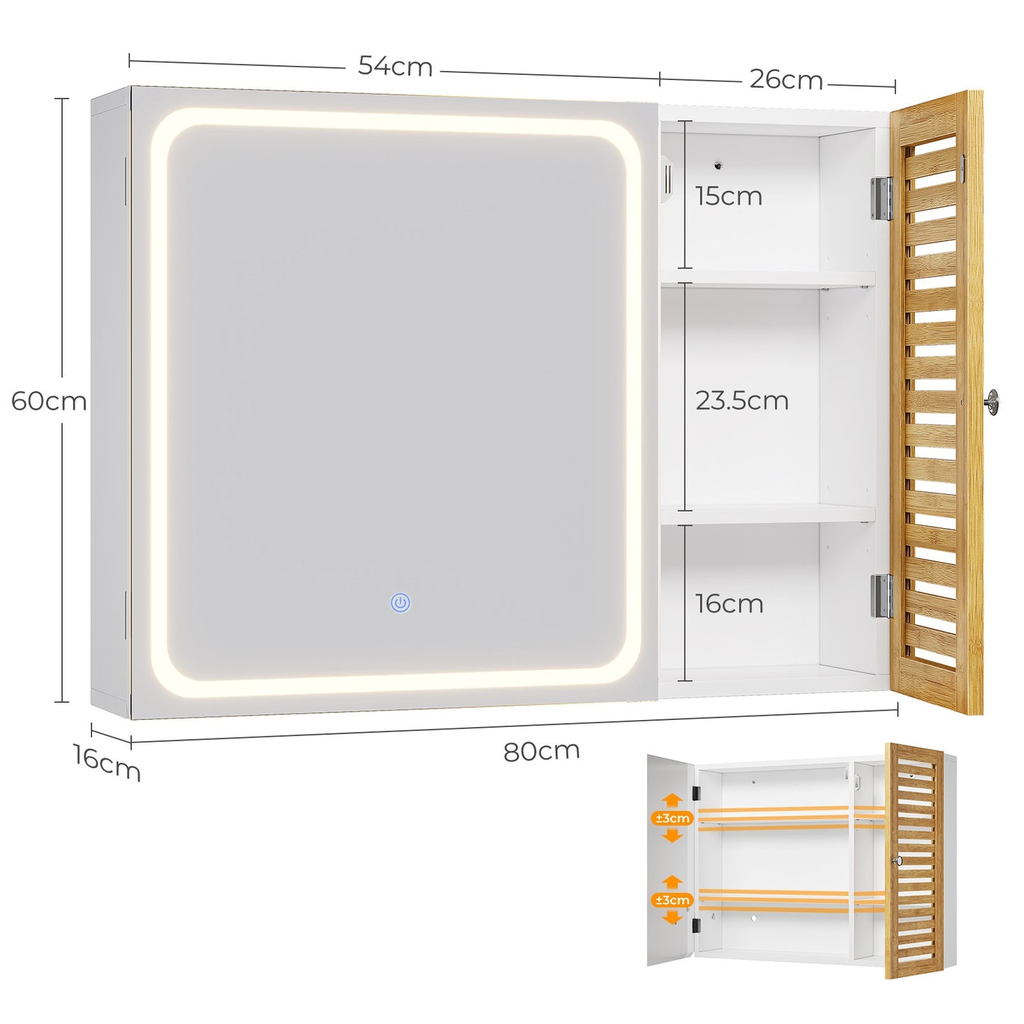 AOGLLATI Badezimmerschrank mit Beleuchtung 80×60×16cm Badezimmer spiegelschrank mit 6 Ablagefächern 4 verstellbare Ablagen