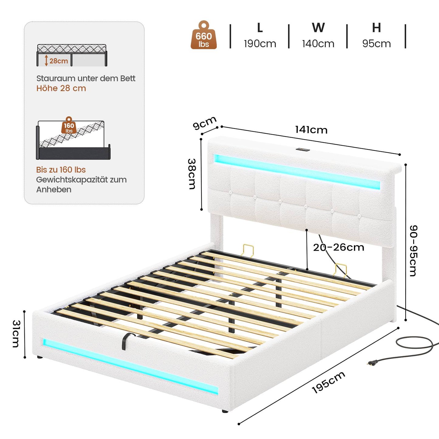 AOGLLATI Hydraulisch Stauraumbett 140×190cm Polsterbett Doppelbett mit LED und USB-Ladefunktion Bettgestell mit Stauraum und Lattenrost
