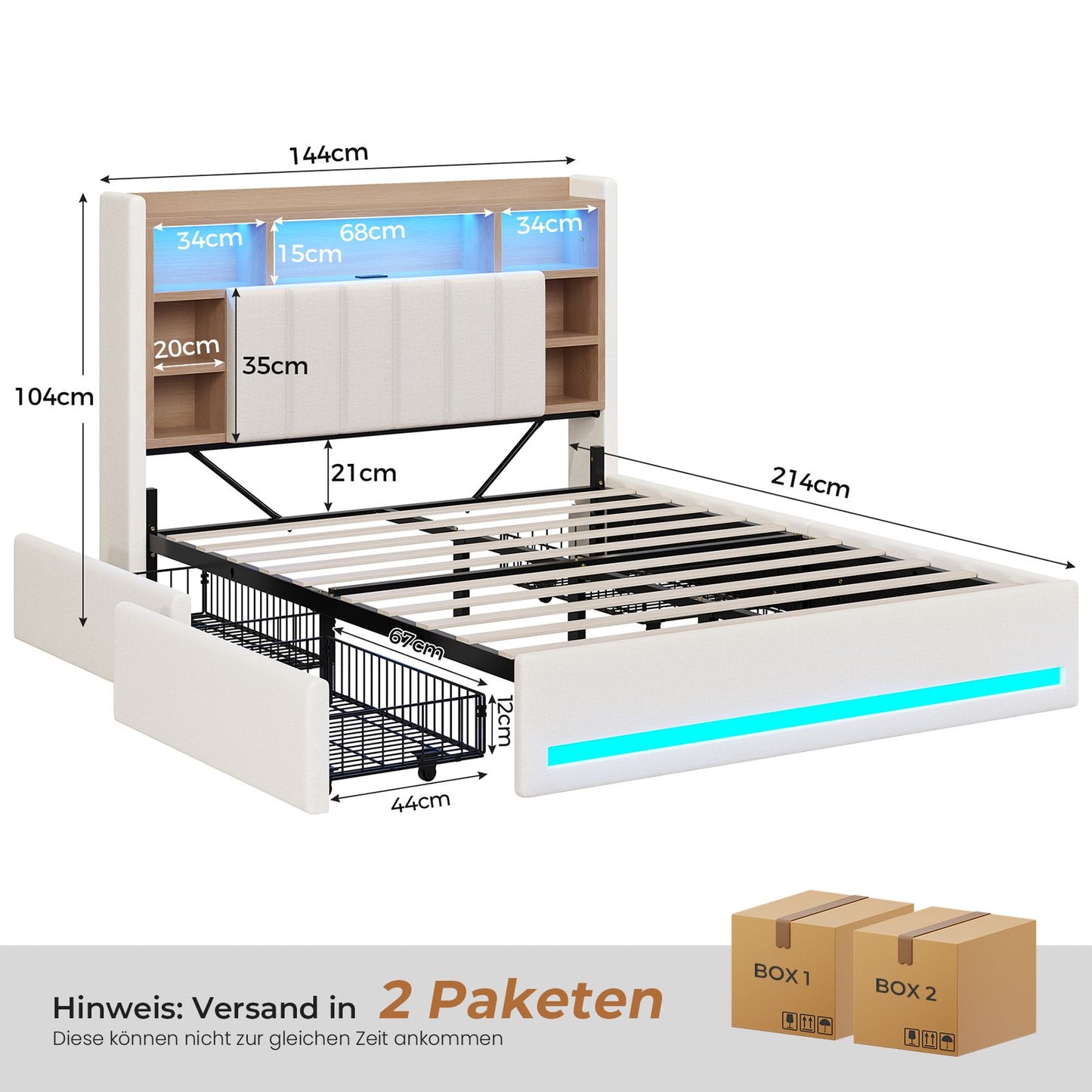 AOGLLATI Polsterbett 140x200 cm mit 4 Schubladen Doppelbett Graues Leinen Bett 140×200 mit Stauraum und Gepolstertes Kopfteil