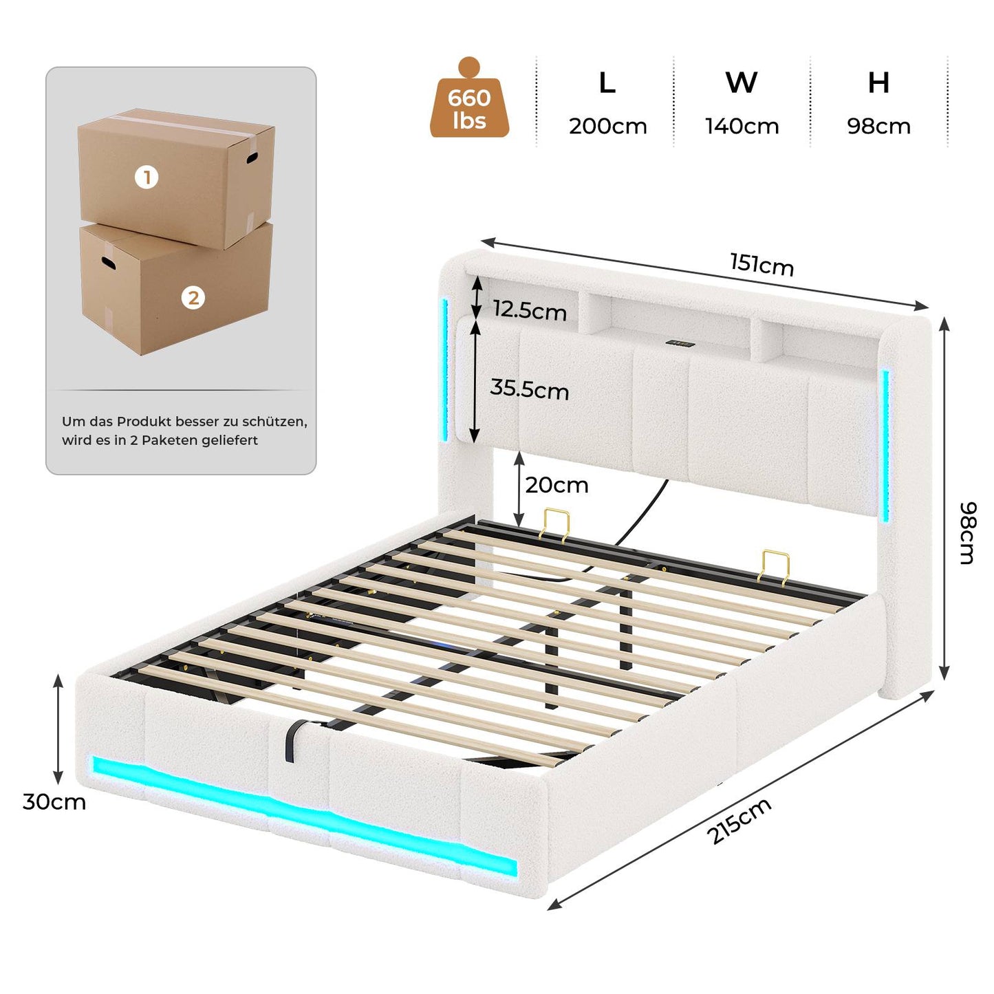 AOGLLATI Polsterbett 140×200 mit Steckdosen & LED Beleuchtung Doppelbett mit Stauraum Kopfteil & Hydraulischem Stauraum Bettgestell mit Lattenrost
