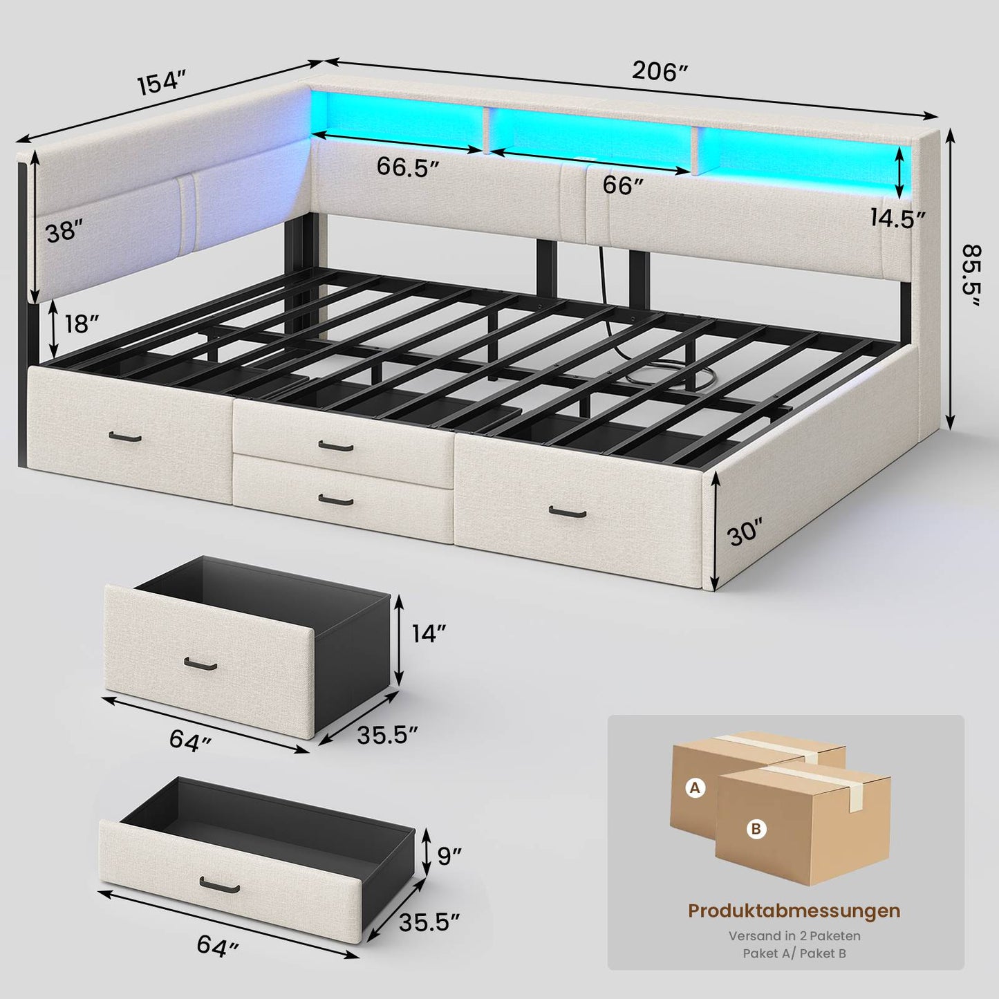 AOGLLATI Polsterbett Schlafsofa 140x200 Doppelbett mit LED-Beleuchtung & Ladestation Betten 140x200 mit 4 Schubladen und Lattenrost aus Metall