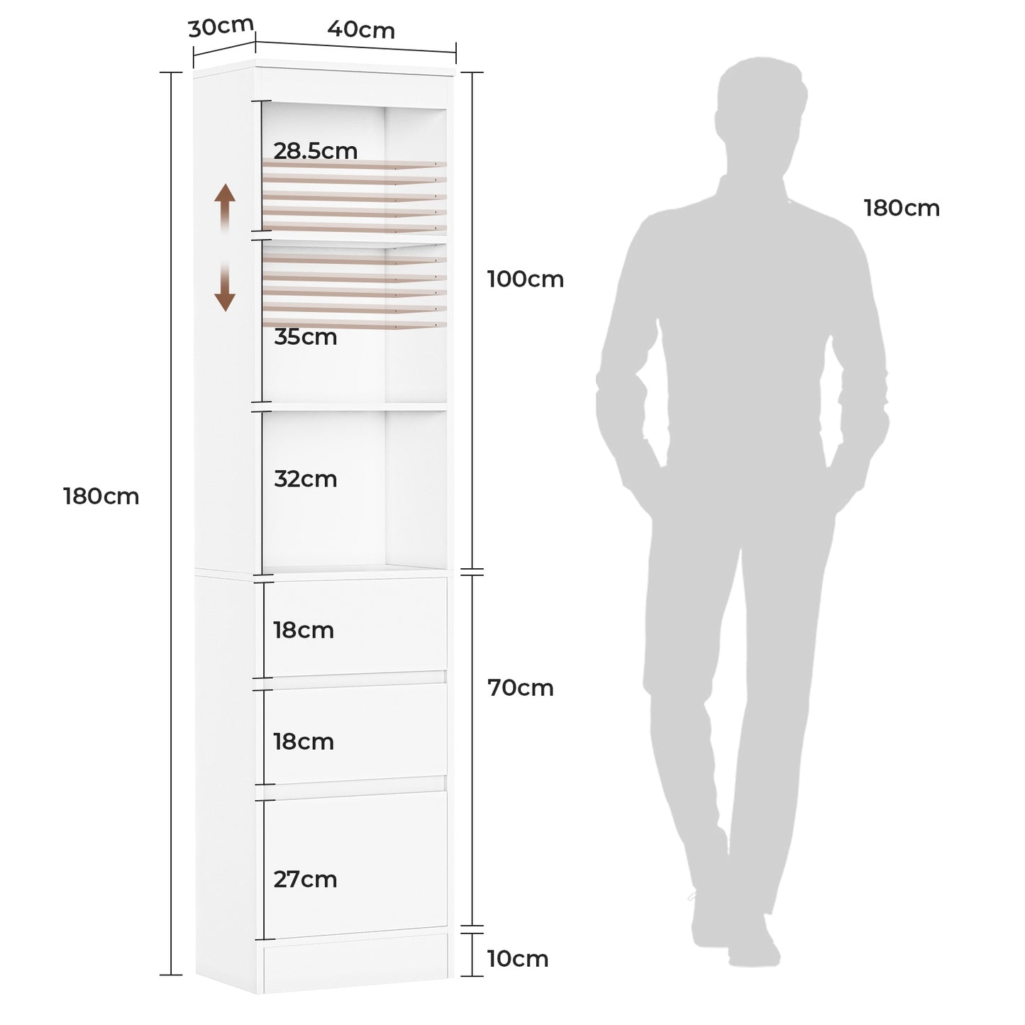 AOGLLATI Bücherregal Bücherschrank mit 3 Schubladen und 3 Fächern Büroregal mit verstellbaren Ablagen 180 cm Hochschrank