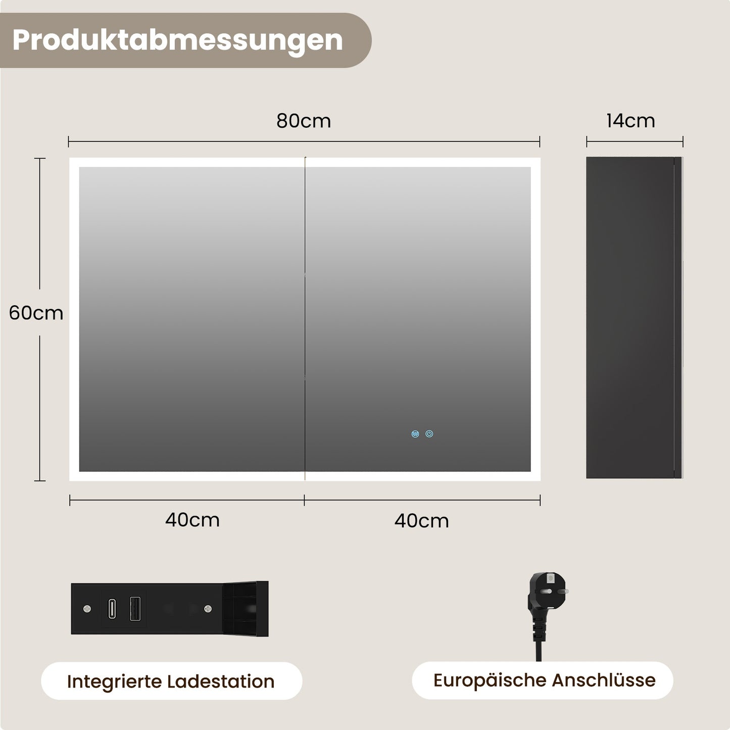 AOGLLATI Spiegelschrank Bad aus Metall mit Beleuchtung Kein Aufbau Nötig Badezimmerschrank mit USB Anti-Fog 3 Farbtemperatur Dimmbare