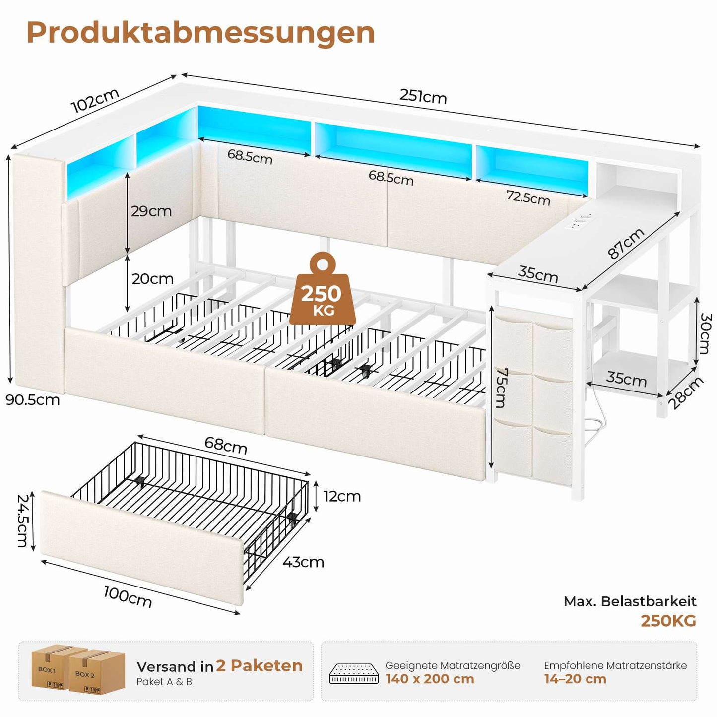 AOGLLATI Polsterbett 90x200 mit LED-Beleuchtung Ladestation & Schreibtisch Tagesbett Jugendbett mit Gepolstertem Kopfteil 2 Schubladen & 6 Staufächern