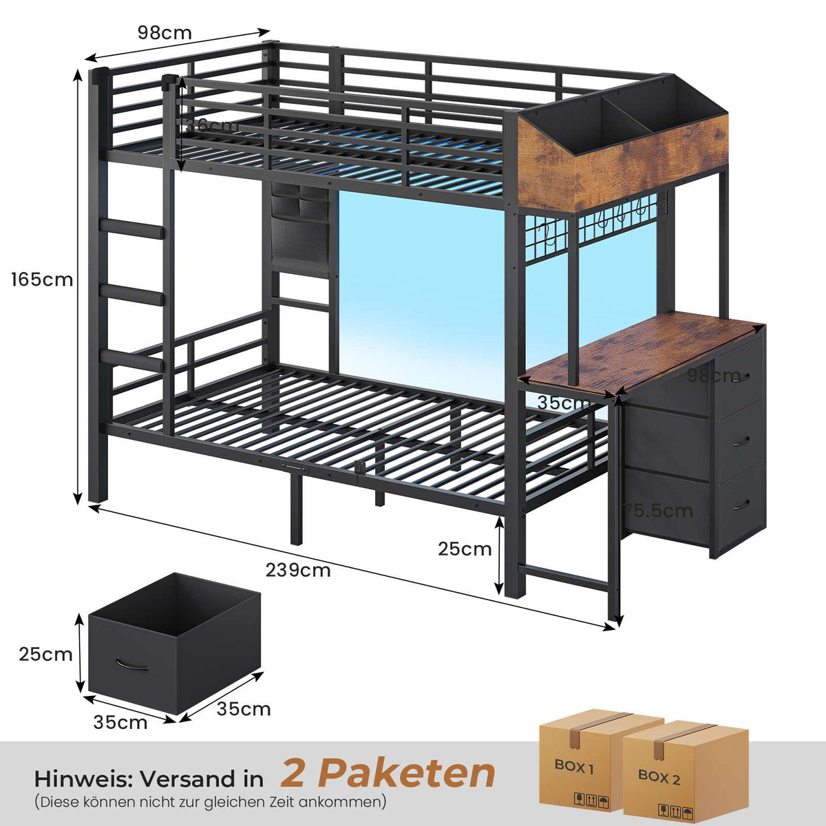 AOGLLATI Hochbett 90x200 Etagenbett mit Schreibtisch Jugendbett 90x200 mit LED Beleuchtung & Ladestation Bunk Bed Loft Bed mit Schreibtisch & Stauraum