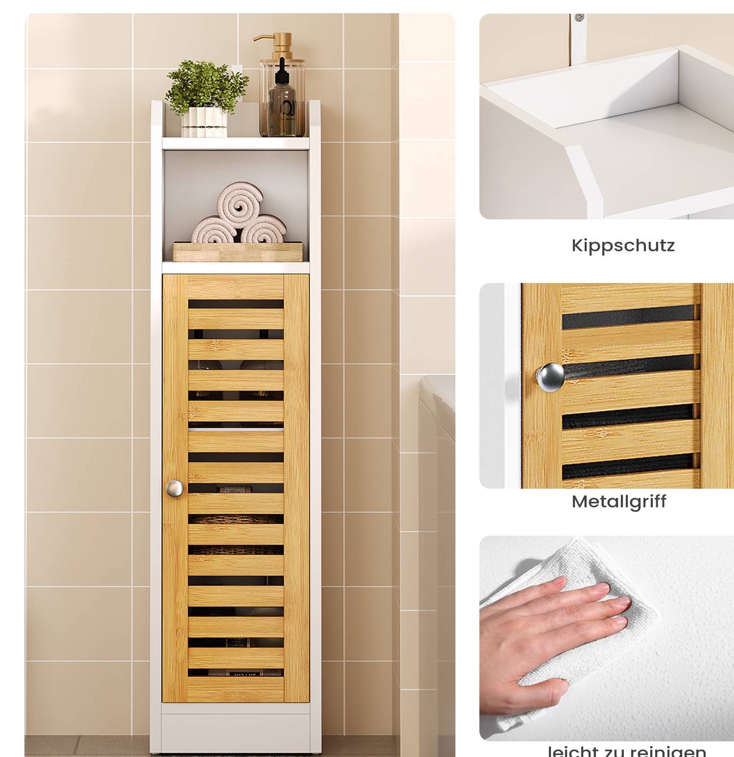 AOGLLATI Badezimmerschrank Toilettenschrank mit 2 offenen Fächern & Verstellbare Ablagen Badschrank schmal mit Bambustür Badregal