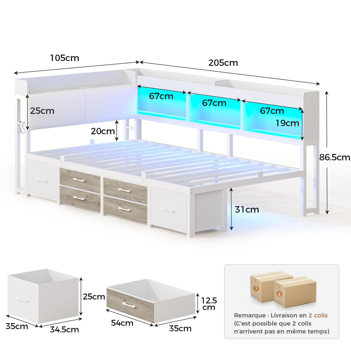 AOGLLATI Polsterbett Schlafsofa 90x200 mit 6 Staufächern & 6 Schubladen mit LED-Beleuchtung Tagesbett mit Gepolstertem Kopfteil