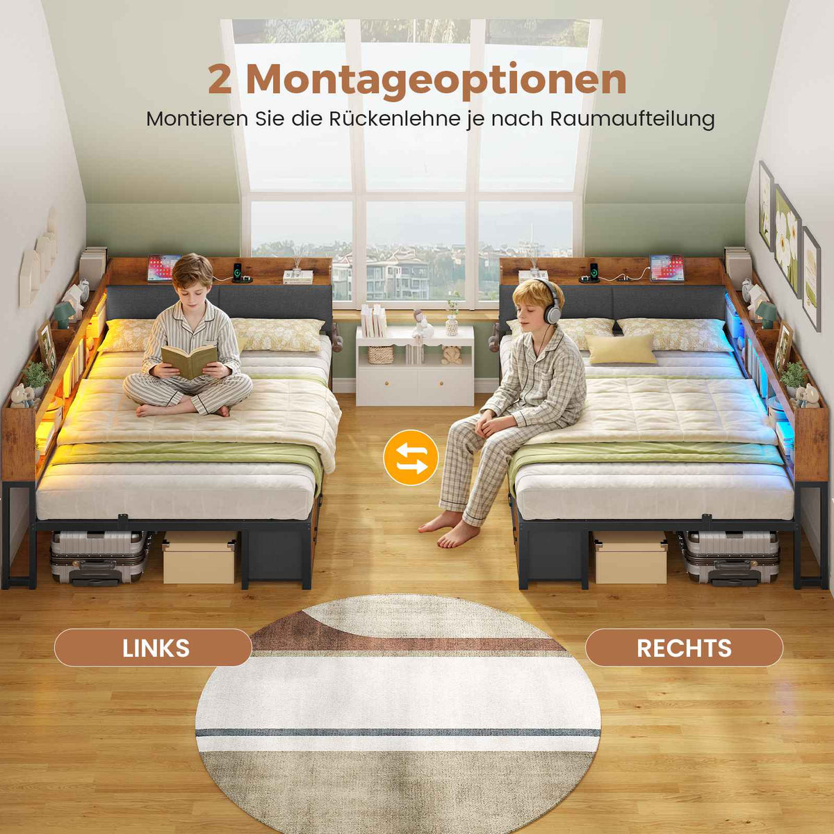 AOGLLATI Polsterbett Schlafsofa 140x200 mit Stauraum Jugendbett mit 6 Staufächern & 6 Schubladen Bett mit LED-Beleuchtung & Ladestation Gepolstertem Kopfteil