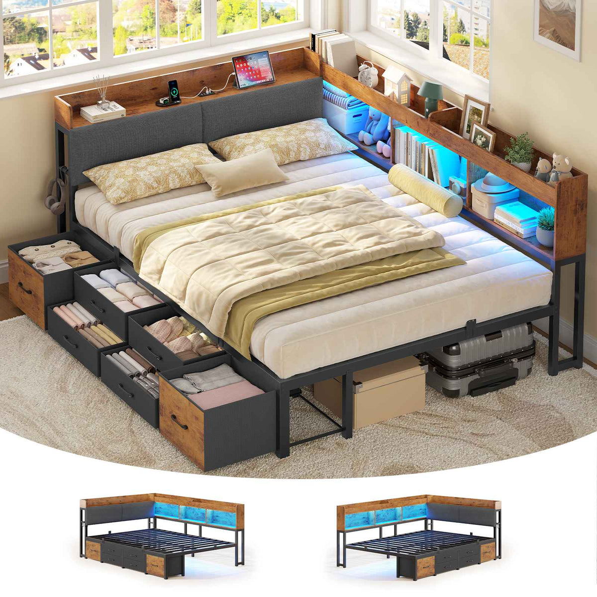 AOGLLATI Polsterbett Schlafsofa 140x200 mit Stauraum Jugendbett mit 6 Staufächern & 6 Schubladen Bett mit LED-Beleuchtung & Ladestation Gepolstertem Kopfteil
