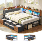 AOGLLATI Polsterbett Schlafsofa 140x200 mit Stauraum Jugendbett mit 6 Staufächern & 6 Schubladen Bett mit LED-Beleuchtung & Ladestation Gepolstertem Kopfteil