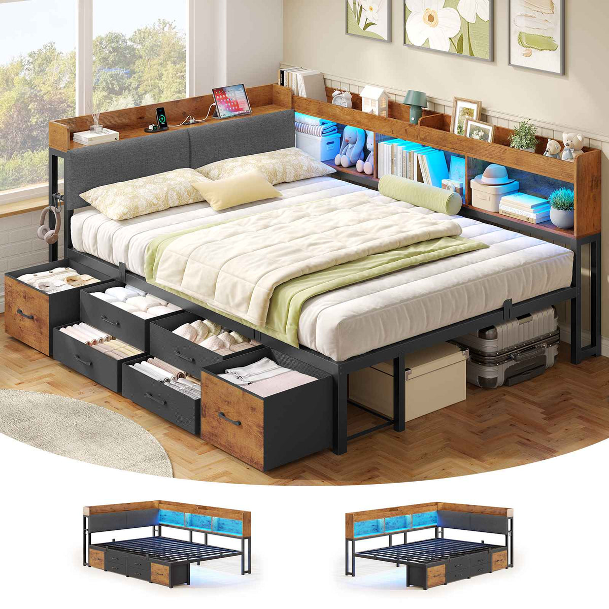 AOGLLATI Polsterbett Schlafsofa 140x200 mit Stauraum Jugendbett mit 6 Staufächern & 6 Schubladen Bett mit LED-Beleuchtung & Ladestation Gepolstertem Kopfteil