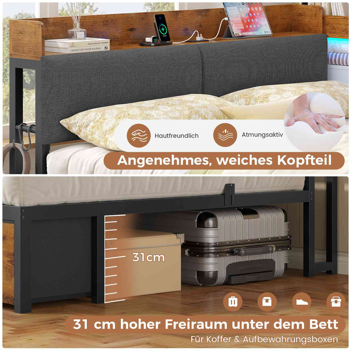 AOGLLATI Polsterbett Schlafsofa 140x200 mit Stauraum Jugendbett mit 6 Staufächern & 6 Schubladen Bett mit LED-Beleuchtung & Ladestation Gepolstertem Kopfteil