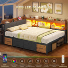 AOGLLATI Polsterbett Schlafsofa 140x200 mit Stauraum Jugendbett mit 6 Staufächern & 6 Schubladen Bett mit LED-Beleuchtung & Ladestation Gepolstertem Kopfteil