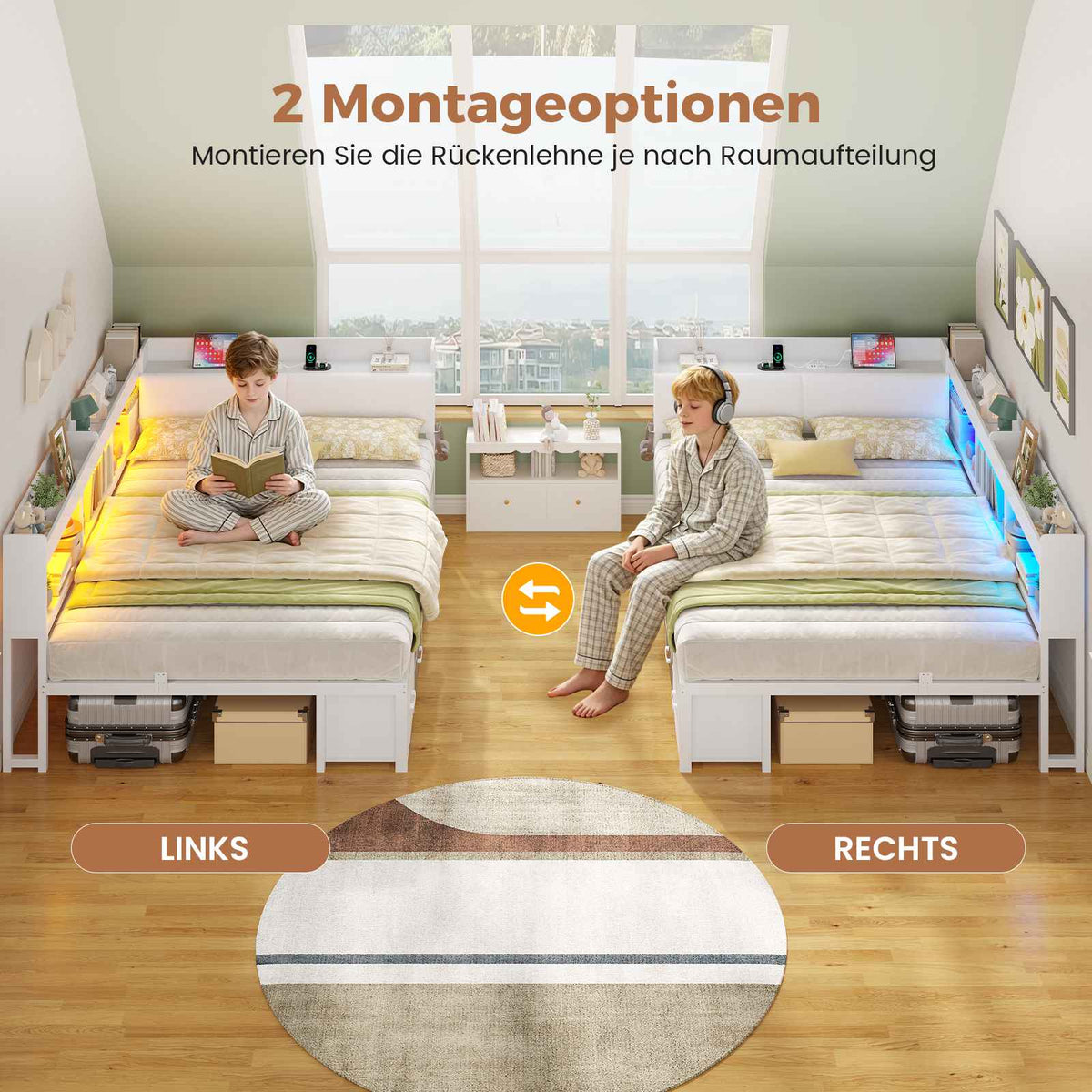 AOGLLATI Polsterbett Schlafsofa 140x200 mit Stauraum Jugendbett mit 6 Staufächern & 6 Schubladen Bett mit LED-Beleuchtung & Ladestation Gepolstertem Kopfteil