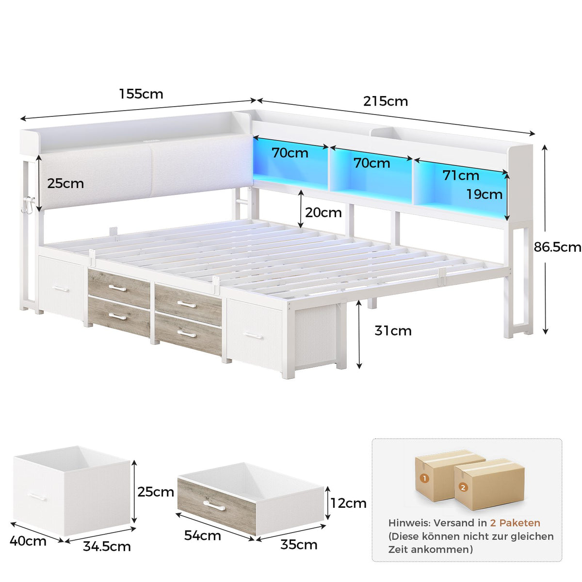 AOGLLATI Polsterbett Schlafsofa 140x200 mit Stauraum Jugendbett mit 6 Staufächern & 6 Schubladen Bett mit LED-Beleuchtung & Ladestation Gepolstertem Kopfteil
