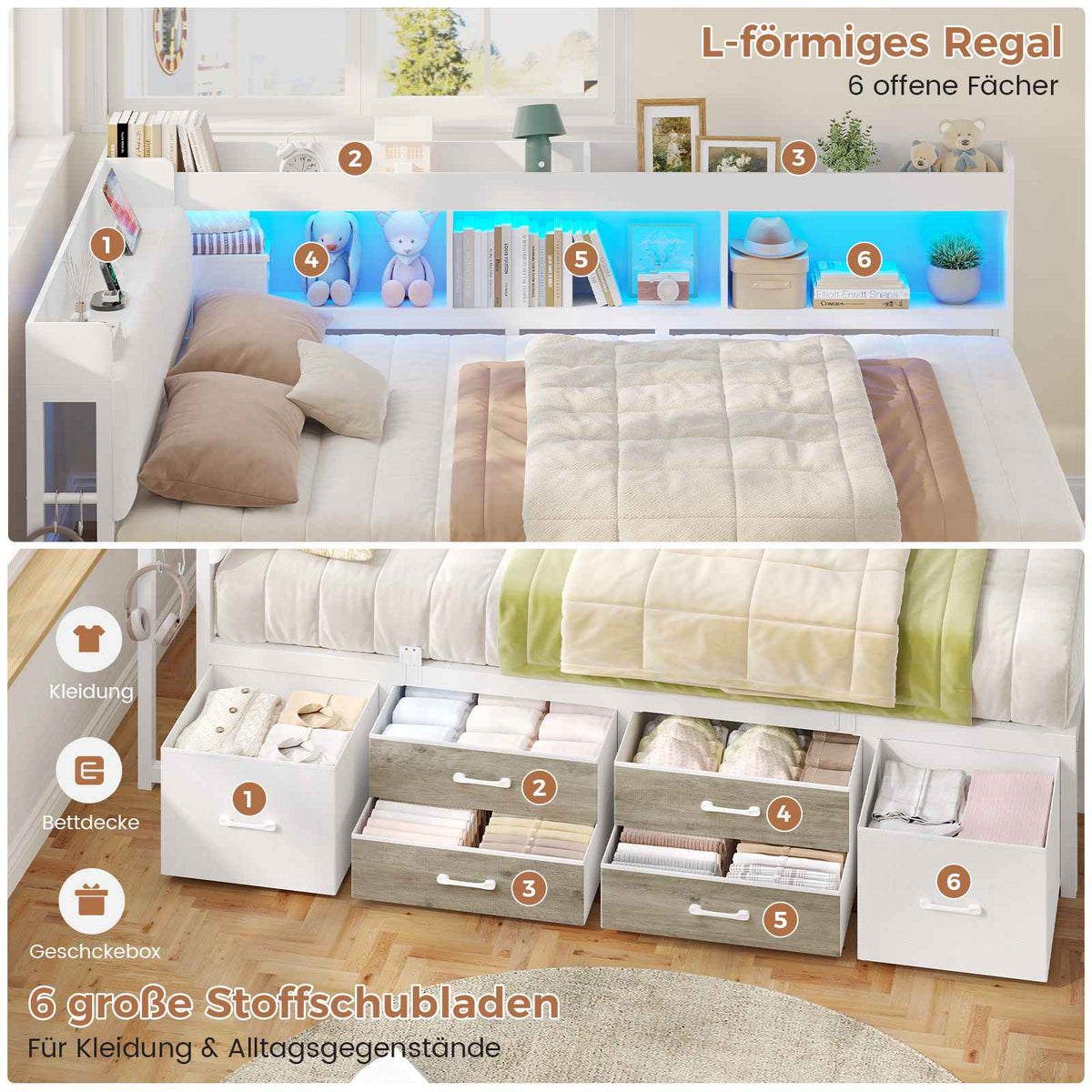 AOGLLATI Polsterbett Schlafsofa 140x200 mit Stauraum Jugendbett mit 6 Staufächern & 6 Schubladen Bett mit LED-Beleuchtung & Ladestation Gepolstertem Kopfteil