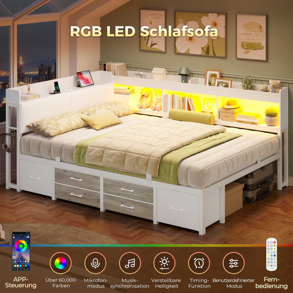 AOGLLATI Polsterbett Schlafsofa 140x200 mit Stauraum Jugendbett mit 6 Staufächern & 6 Schubladen Bett mit LED-Beleuchtung & Ladestation Gepolstertem Kopfteil