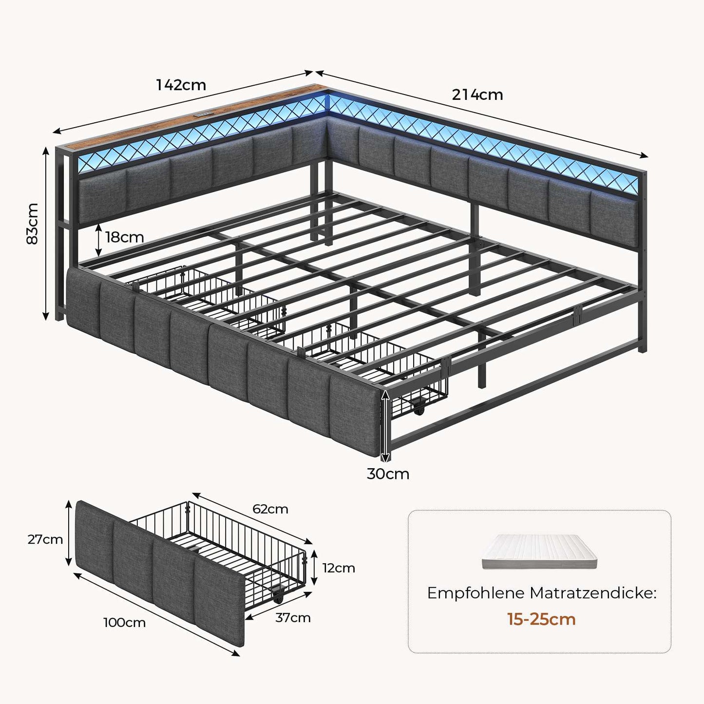 AOGLLATI Polsterbett Schlafsofa 140x200 mit USB-Steckdosen und LED-Beleuchtung Jugendbett 2 Schubladen