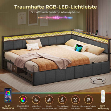 AOGLLATI Polsterbett Schlafsofa 140x200 mit USB-Steckdosen und LED-Beleuchtung Jugendbett 2 Schubladen