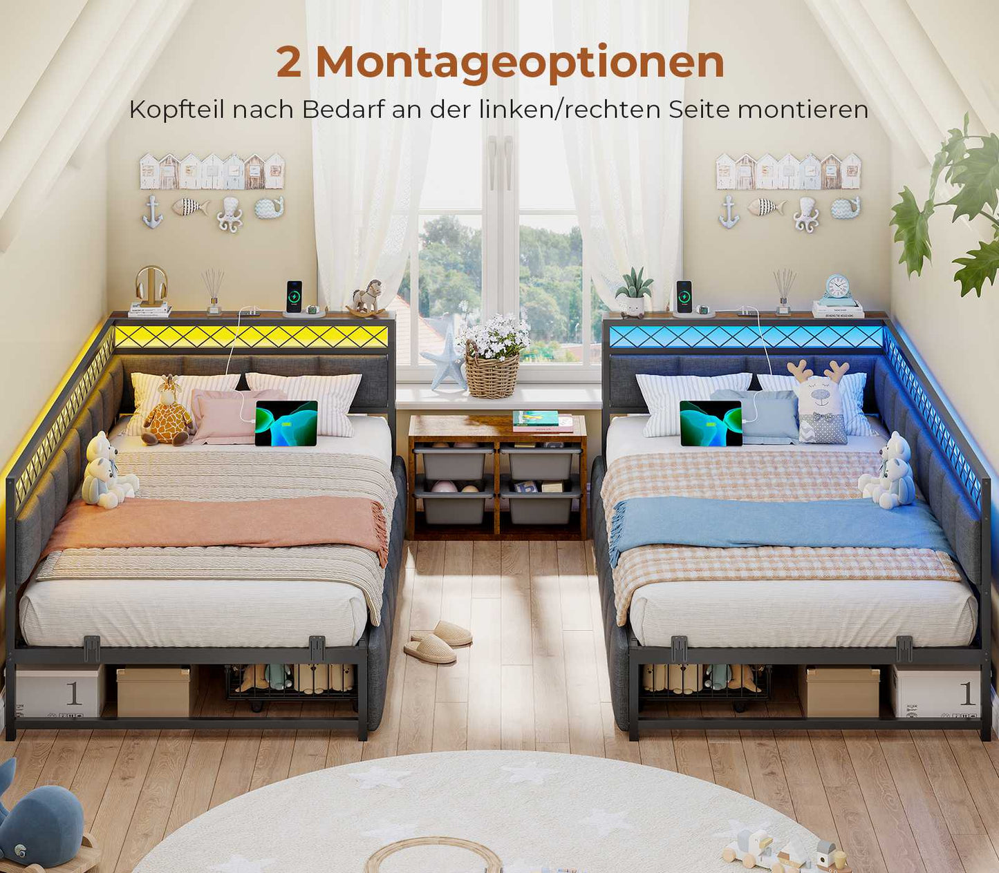 AOGLLATI Polsterbett Schlafsofa 90x200 mit USB-Steckdosen und LED-Beleuchtung Jugendbett 90x200 mit 2 Schubladen mit Lattenrost