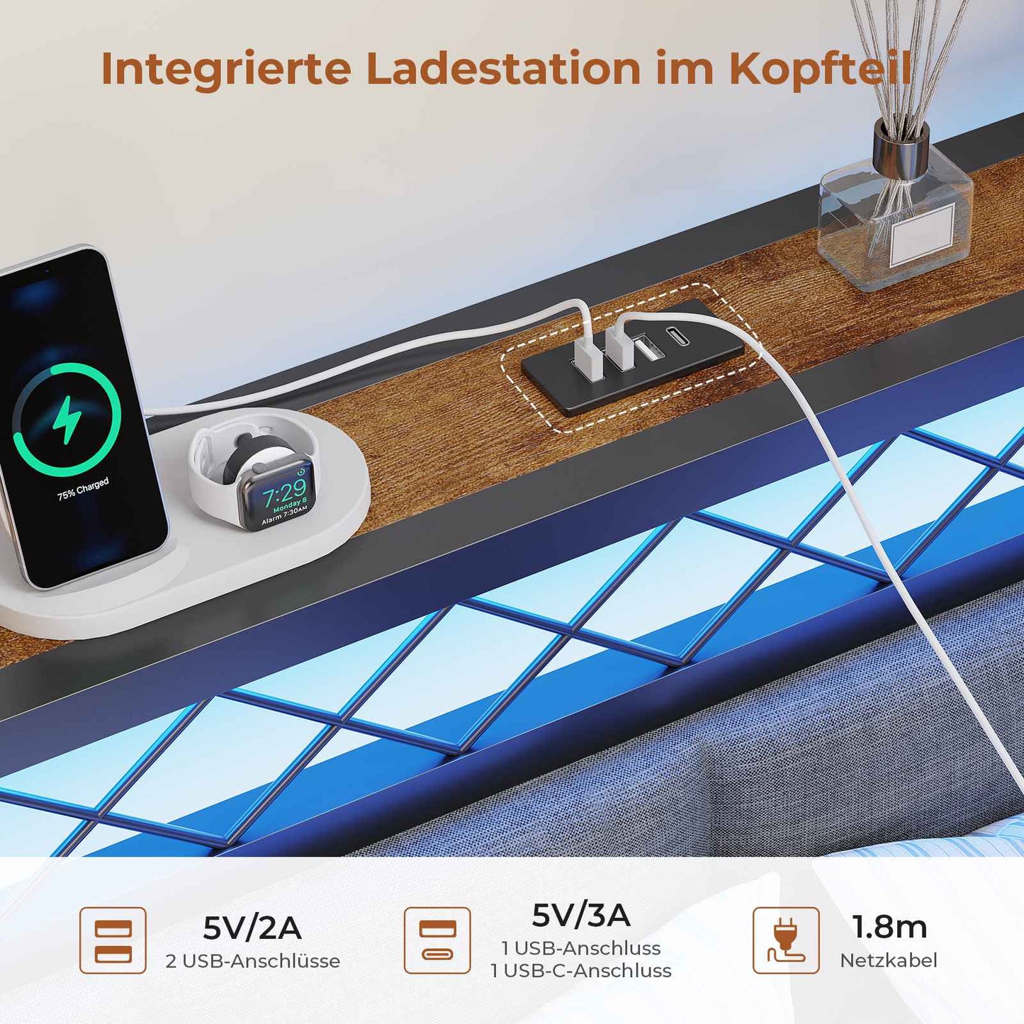 AOGLLATI Polsterbett Schlafsofa 90x200 mit USB-Steckdosen und LED-Beleuchtung Jugendbett 90x200 mit 2 Schubladen mit Lattenrost