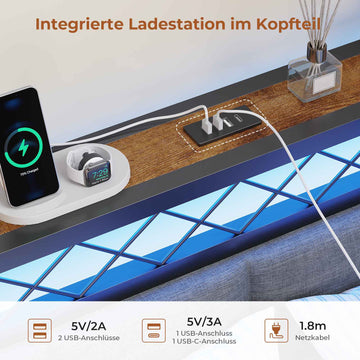 AOGLLATI Polsterbett Schlafsofa 90x200 mit USB-Steckdosen und LED-Beleuchtung Jugendbett 90x200 mit 2 Schubladen mit Lattenrost