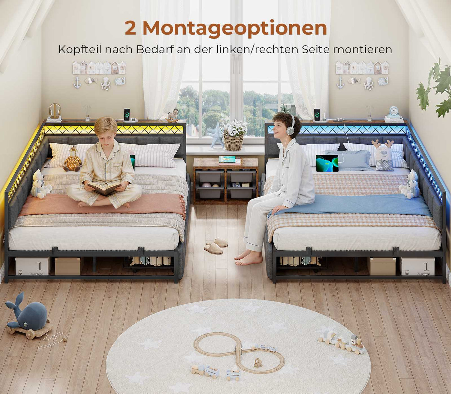 AOGLLATI Polsterbett Schlafsofa 140x200 mit USB-Steckdosen und LED-Beleuchtung Jugendbett 2 Schubladen