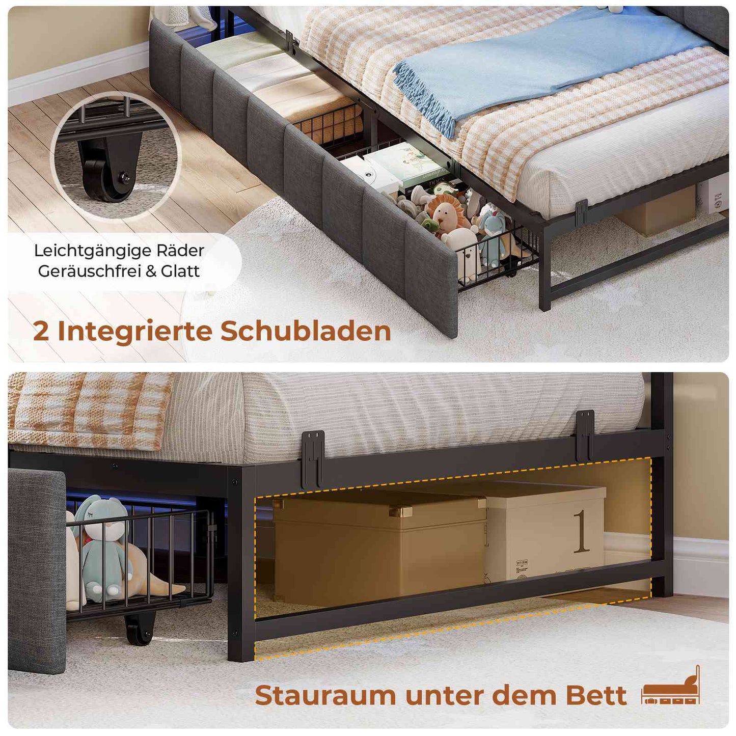 AOGLLATI Polsterbett Schlafsofa 140x200 mit USB-Steckdosen und LED-Beleuchtung Jugendbett 2 Schubladen