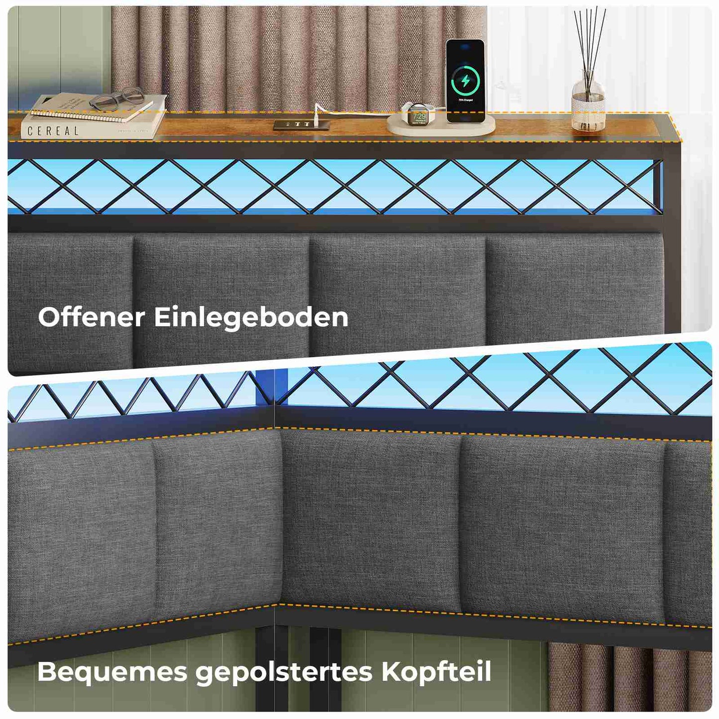 AOGLLATI Polsterbett Schlafsofa 90x200 mit USB-Steckdosen und LED-Beleuchtung Jugendbett 90x200 mit 2 Schubladen mit Lattenrost