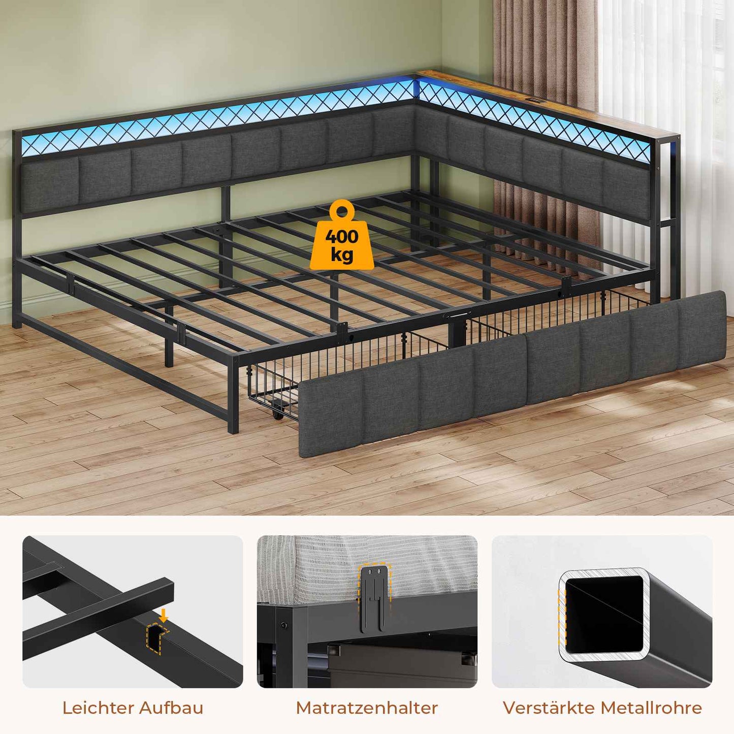 AOGLLATI Polsterbett Schlafsofa 140x200 mit USB-Steckdosen und LED-Beleuchtung Jugendbett 2 Schubladen